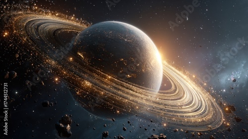 Stunning Planet with Rings and Lights in Deep Space Visualization