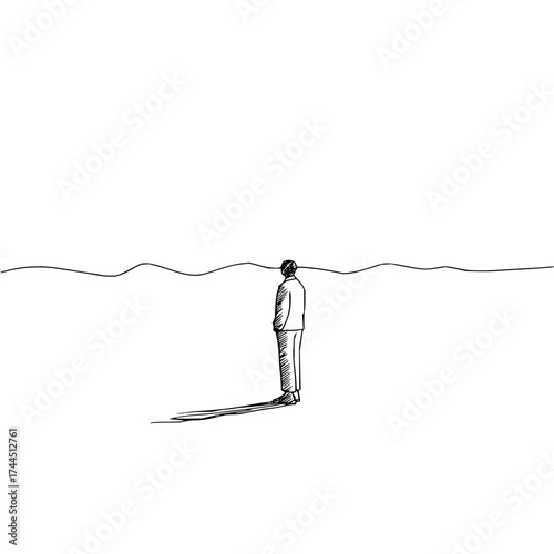Illustration of a man in a suit standing on a white surface with a horizon line in the background looking out