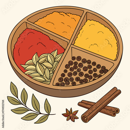 Vector art of a round wooden spice box with four compartments filled with colorful spices and whole spices