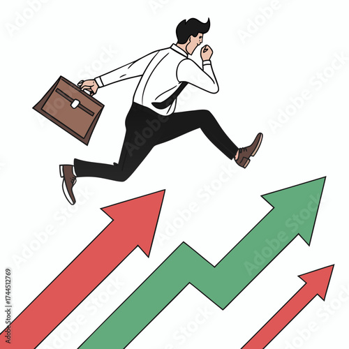 Vector art of businessman running up on rising graph arrows