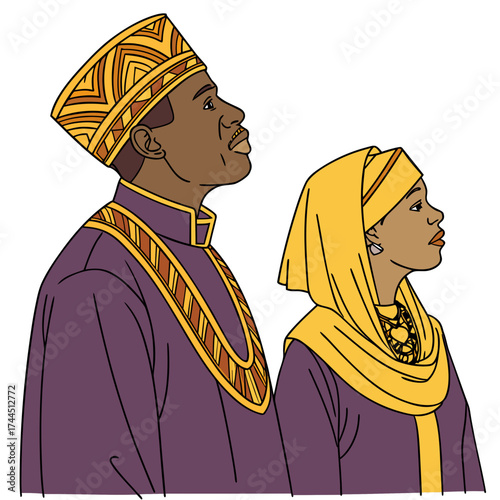 Vector art of two people in traditional african attire looking up