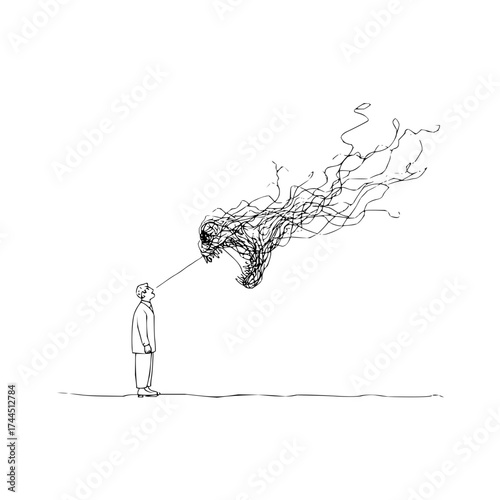 A man stands facing a monster with an open mouth that has lines coming out of it on a white background