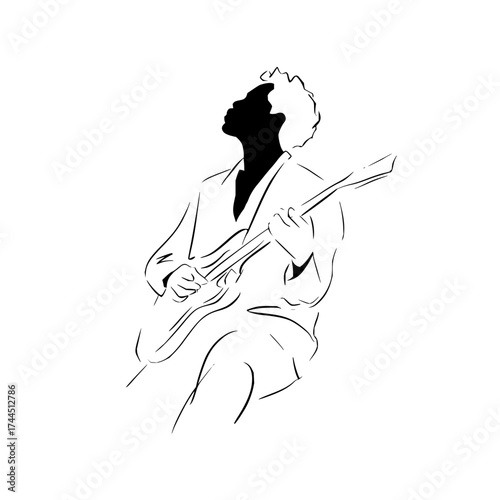 A stylized drawing of a musician with an afro playing an electric guitar in black and white outline style