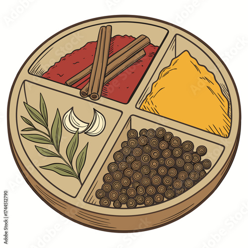 Vector art of a round spice box with compartments containing cinnamon sticks, paprika, turmeric, black peppercorns, garlic, and rosemary