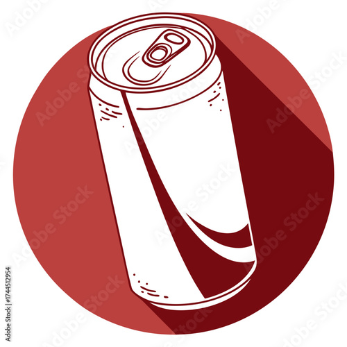 Vector art of a white soda can with a red stripe, isolated on a red circular background with a long shadow