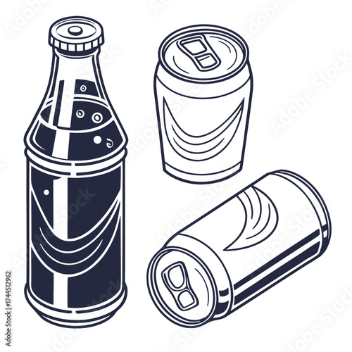 Illustration of a glass bottle and two aluminum cans