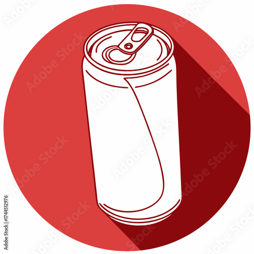 Illustration of a white soda can with a pull tab, set against a red circular background with a long shadow