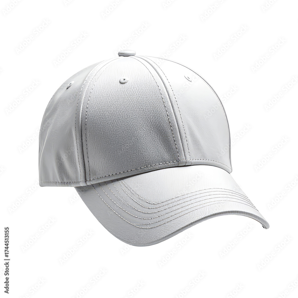 Fototapeta premium White baseball cap against black background, angled view. Realistic render shows detail