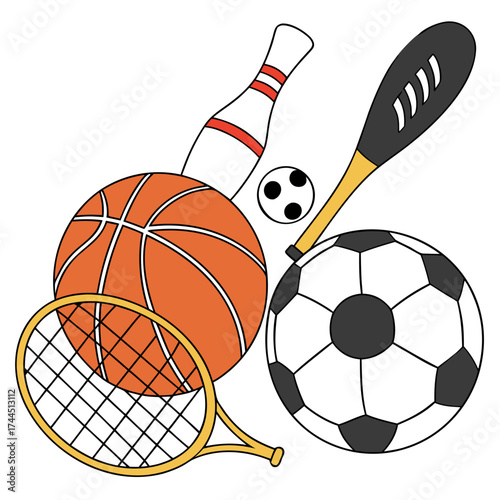 Vector art of collection of various sports equipment including a basketball, soccer ball, tennis racket, bowling pin, and baseball bat
