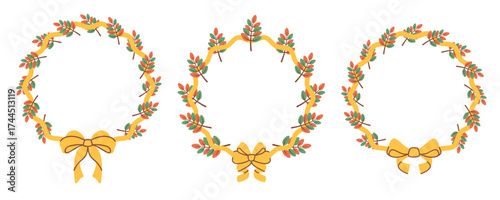 Set of Circle wreath with autumn leaves and bow. Round foliage border isolated on white background. Fall colored sheets with yellow ribbon in frame. Vector illustration for banners, cards, sale