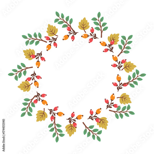 Fall leaves round frame isolated on white background. Circular border design with seasonal foliage. Vector flat illustration for invitations, labels, packaging, cards
