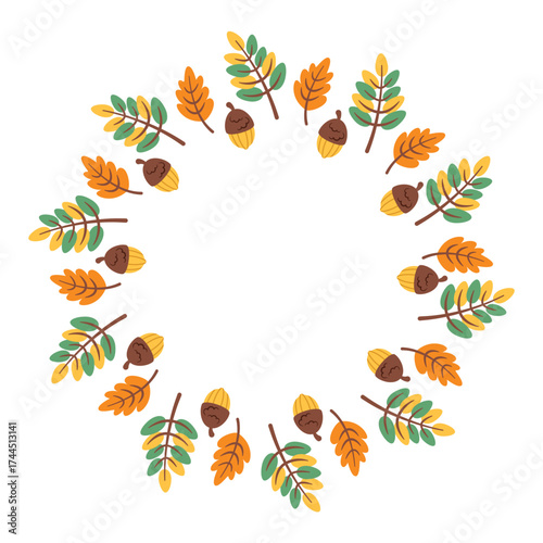 Fall leaves round frame isolated on white background. Circular border design with seasonal foliage. Vector flat illustration for invitations, labels, packaging, cards