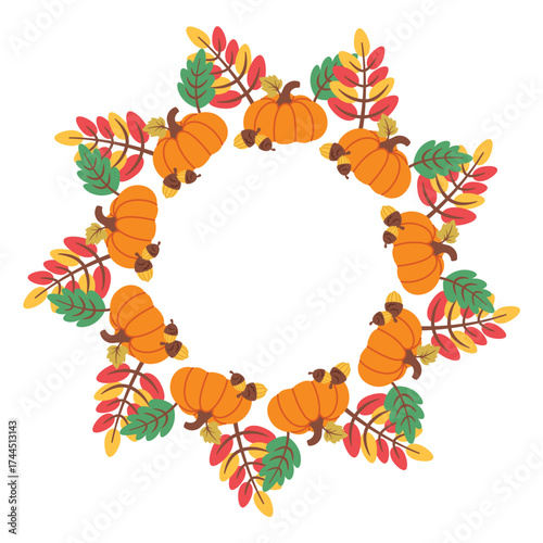 Pumpkin wreath isolated on white background.  Autumn foliage frame. Fall design. Thanksgiving border. Circular frame with seasonal leaves. Vector illustration for invitations, labels, packaging, cards