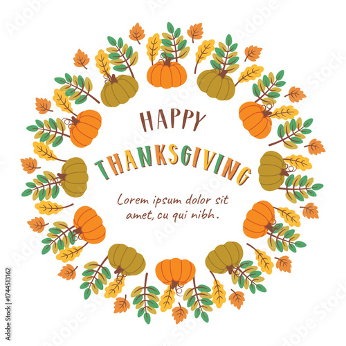 Thanksgiving wreath. Pumpkin frame isolated on white background. Autumn foliage border. Circular Fall design with seasonal leaves. Vector illustration for invitations, labels, packaging, cards