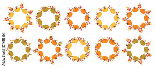 Set of Pumpkin wreath isolated.  Autumn foliage frame. Fall design. Thanksgiving borders collection. Round frames with seasonal leaves. Vector illustration for invitations, labels, packaging, cards