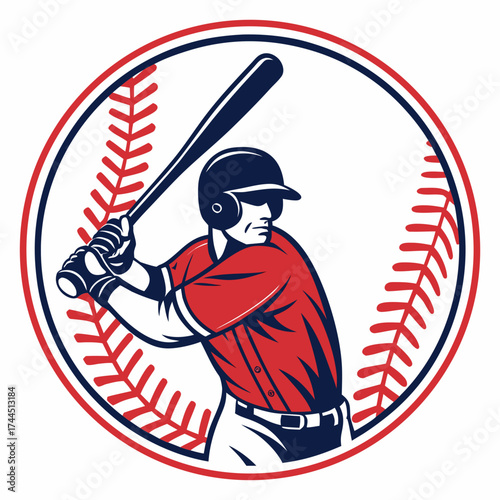 Vector art of baseball player in batting stance, ready to hit, with baseball stitching in the background