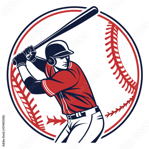 Vector art of baseball player swinging a bat in a circular logo with a baseball in the background