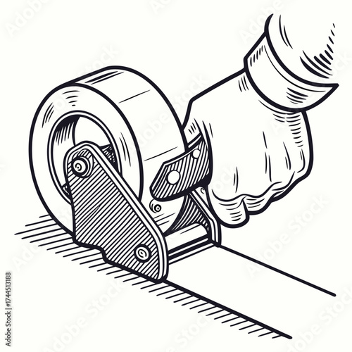 Vector art of hand holding a tape dispenser, applying tape to a surface