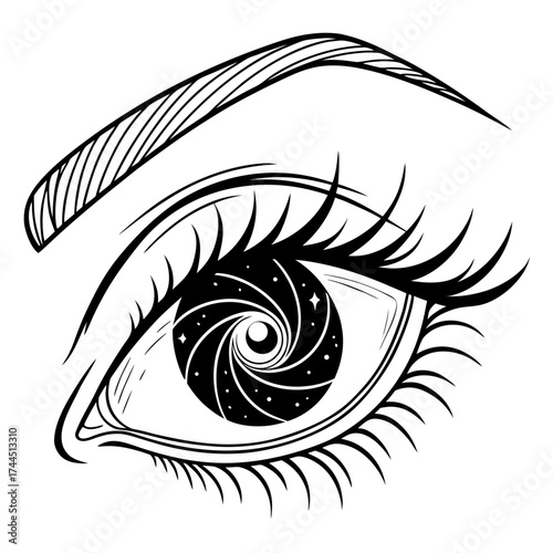 Vector art of stylized black and white illustration of a human eye with a galaxy spiral in the pupil