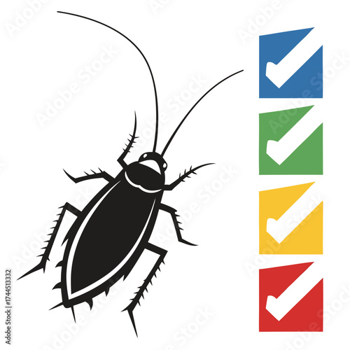 Vector art of black cockroach icon with checkmarks in colored squares