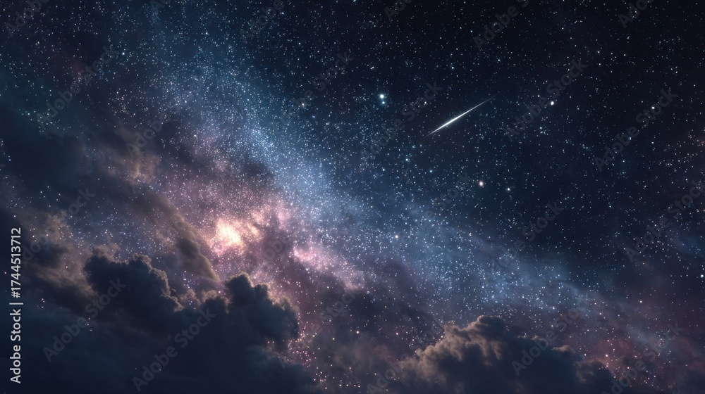 Fototapeta premium Stunning Night Sky with Milky Way, Stars, Clouds and a Beautiful Meteor