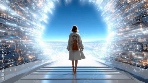 Woman Walking to the Light: A woman embarks on a journey toward an illuminating portal of light, hinting at limitless possibilities and exploration. She walks toward a future.