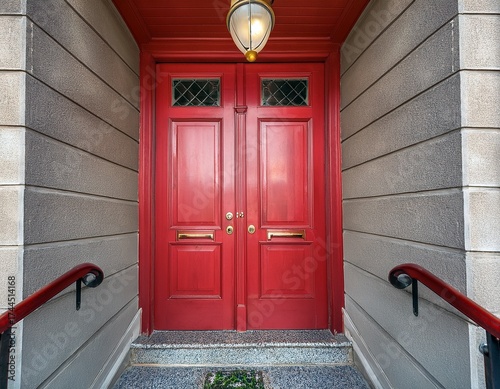 red wooden double door entrance with a stairway and single overhead light