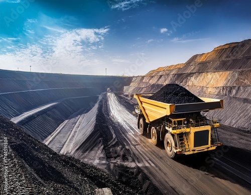 coal mining industry coal hauler truck inside of a massive open pit coal mine transporting coal