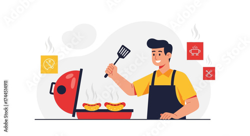 Cheerful Man Grilling Hot Dogs on Barbecue, Demonstrating Culinary Enjoyment