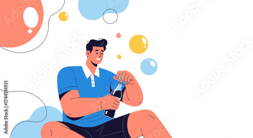 Cheerful Man Opens Soda Bottle With Bubbles Floating Around In Illustration Design