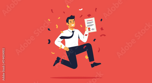 Cheerful Office Worker Jumps In Celebration After Receiving An Important Document