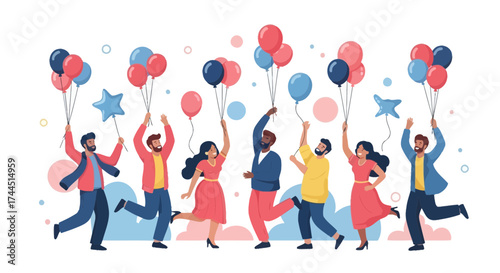 Cheerful People Celebrating With Balloons, Joyful Expression, Festive Celebration Scene