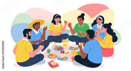 Cheerful People Enjoying Picnic Outdoors, Shared Food, Good Times And Companionship