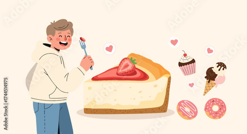 Cheerful Person Anticipates Delightful Dessert Experience with Cheesecake and Sweet Treats