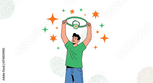 Cheerful Person Celebrating Holding Abstract Shape Concept Of Success And Achievement