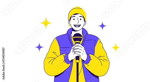 Cheerful Performer Singing Into a Microphone with Festive, Bright, and Shining Decorations