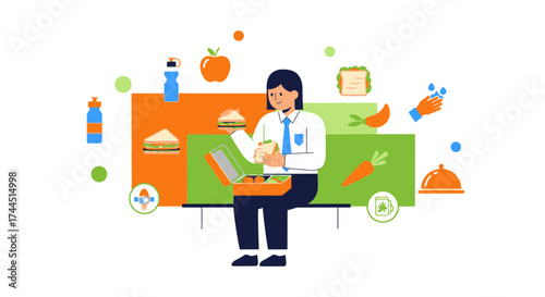 Cheerful Person Eating Lunch, A Fresh and Modern Illustration Concept with Food and Health