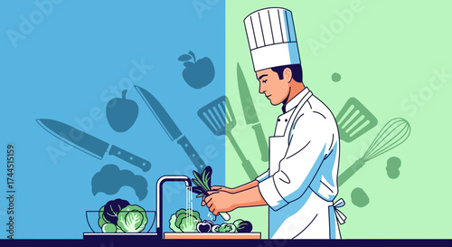 Chef at work washing vegetables in kitchen, illustration about cooking and healthy food