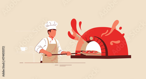 Chef baking pizza in wood fire oven in a kitchen restaurant background