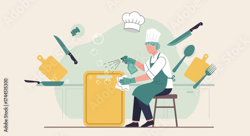 Chef cleaning kitchen tools representing hygiene, food, and cleanliness inside a working kitchen