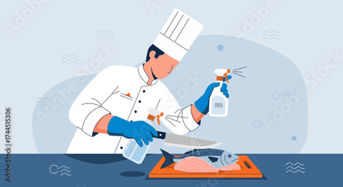 Chef cleaning fish with disinfectant spray in a kitchen concept for food safety