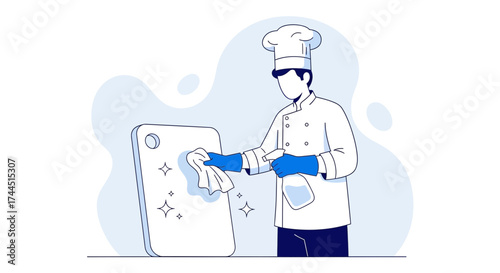 Chef Cleaning Kitchen Surface with Sprayer and Cloth Preparing Hygiene for Food