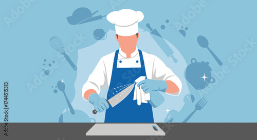 Chef Cleaning Knife in Kitchen: Sanitation and Hygiene in a Restaurant Setting