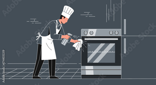 Chef Cleaning Oven And Sanitizing Kitchen Equipment, Professional Kitchen Hygiene Illustration