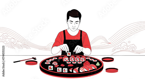 Chef Composing Japanese Sushi Plate with Precision and Skillful Artistry Delight
