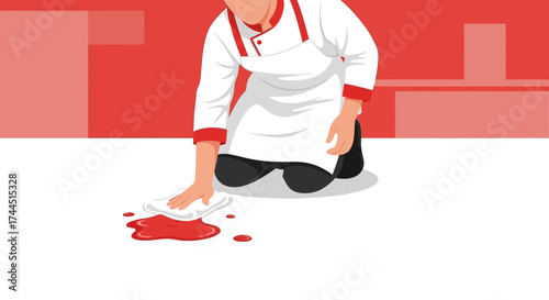 Chef Cleans Floor After Spill: Illustration Showing Kitchen Accident, Work Safety, and Cleanliness
