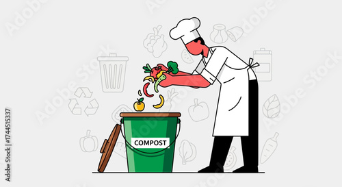 Chef Composting Food Waste in Animated Illustration for Sustainable Living and Environmental