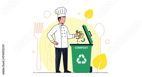 Chef Composting Food Waste With A Recycling Symbol Demonstrating Environmental Practices