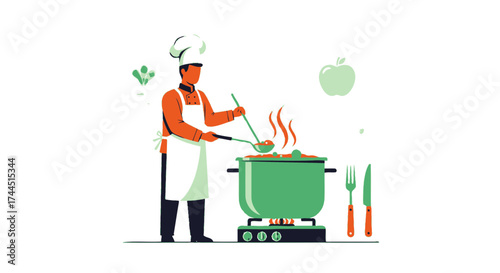 Chef Cooking and Preparing Dishes in the Kitchen with Illustrated Flat Design Style