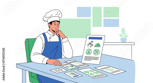 Chef Contemplating Food Safety Standards and Recipe Design in Modern Minimalist Style